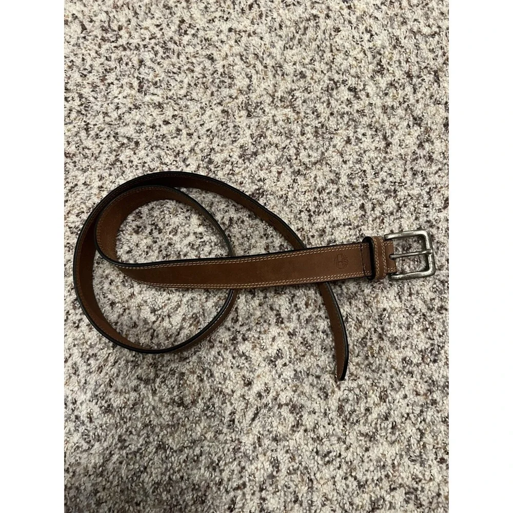 Timberland Men's Camel Brown Leather‎ Belt Sz 42 Stitches Details Silver Buckle